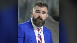 Former Philadelphia Eagles center Jason Kelce prepares for his ESPN debut ate an NFL football game between the Buffalo Bill and the New York Jets, Oct. 14, 2024. (AP Photo/Vera Nieuwenhuis, File)