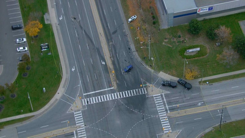 Police are on the scene of a collision in Brampton on Tuesday, Nov. 5, 2024. (Chopper 24)