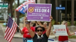 Beth Weinstein rallies in support of an amendment regarding abortion in Florida outside of the polling place at the courthouse in Clearwater, Fla., on Nov. 5, 2024. (Mike Carlson / AP Photo)