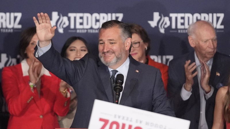 Sen. Ted Cruz, R-Texas, speaks during a watch party on election night, Tuesday, Nov. 5, 2024, at the Marriott Marquis in Houston. (AP Photo/LM Otero)