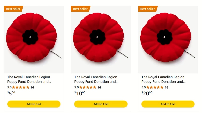 Poppies for sale on the Royal Canadian Legion's Amazon storefront.
