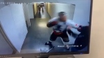 Clarenville Caribous defenceman Justin Pender is seen on security video fighting with a fan. (CTV News)