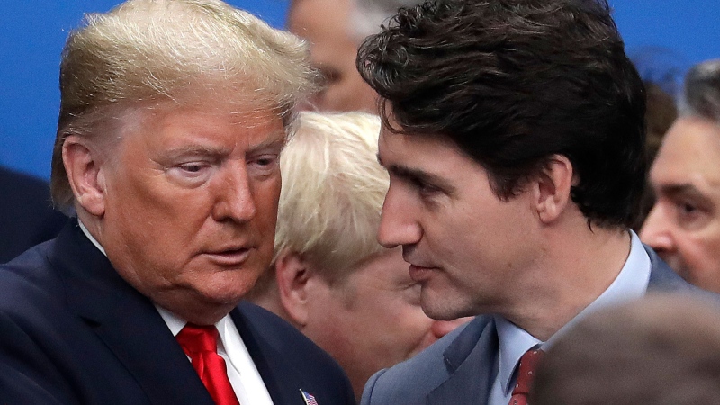 In this Wednesday, Dec. 4, 2019, file photo, U.S. President Donald Trump, left, and Canadian Prime Minister Justin Trudeau arrive for a round table meeting during a NATO leaders meeting at The Grove hotel and resort in Watford, Hertfordshire, England. Trump spent four years upending seven decades of American trade policy. He started a trade war with China, slammed America’s closest allies by taxing their steel and aluminum and terrified Big Business by threatening to take a wrecking ball to $1.4 trillion in annual trade with Mexico and Canada. (AP Photo/Evan Vucci, File)