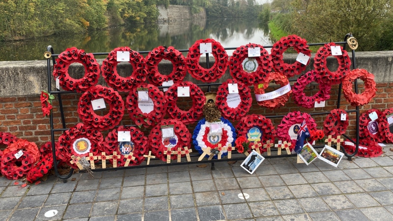 A display of poppy wreaths are pictured on a bridge in Ypres, Belgium. (Derek Haggett/CTV Atlantic)