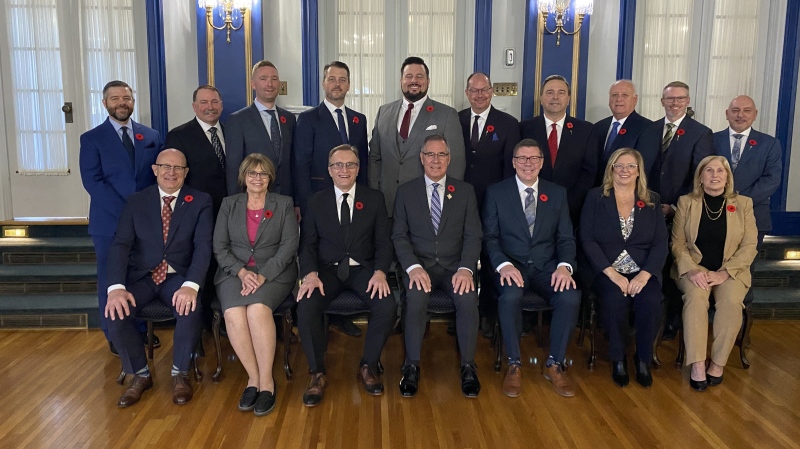 The Government of Saskatchewan's newly announced cabinet on Nov. 7, 2024. (Gareth Dillistone/CTV News)