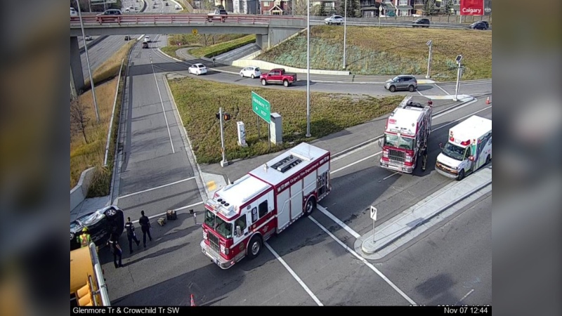 A collision between a school bus and a car disrupted traffic at Crowchild and Glenmore Trail Thursday at lunch hour. (Photo: X@yyctransportation)