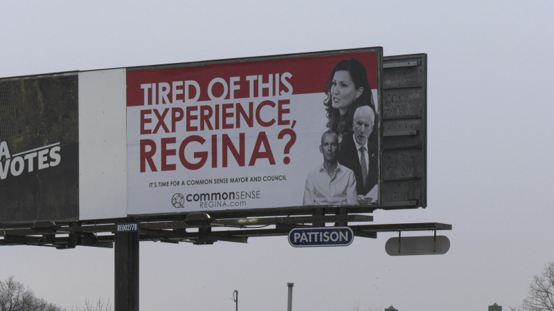 A billboard advertisement targeting Mayor Sandra Masters, Ward 2 Coun. Bob Hawkins and Ward 9 Coun. Jason Mancinelli for Common Sense Regina, a third party group that's become active this election cycle. (Mick Favel/CTV News)