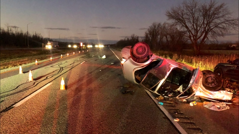 Ontario Provincial Police say the driver of this vehicle suffered non-life threatening injuries after rolling over on Hwy. 416 near the Kemptville exit. Nov. 7, 2024. (OPP/X)