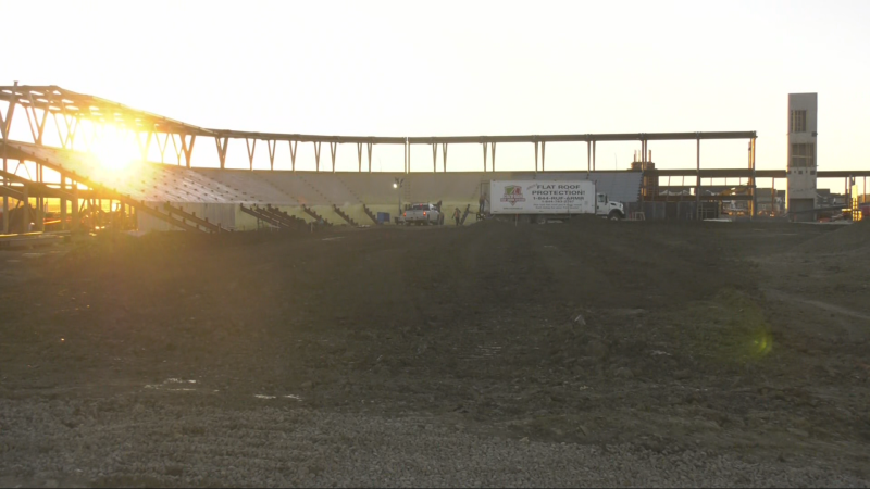 Structural steel framework at the site of the Myshak Metro Ballpark in Spruce Grove, Alta., on Nov. 7, 2024. (Evan Kenny/CTV News Edmonton)