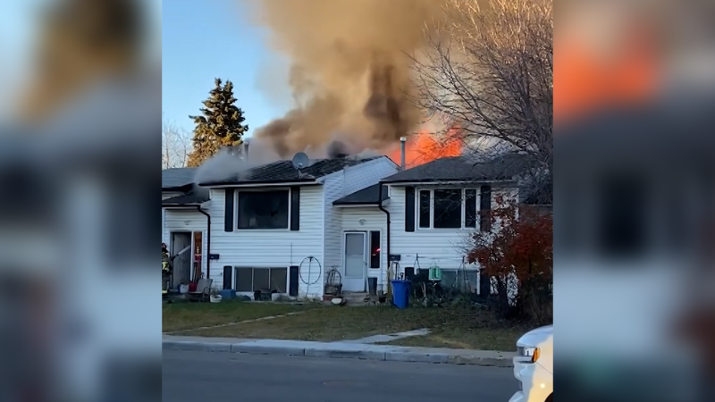 A home on fire in Wetaskiwin, Alta., on Nov. 7, 2024. (Source: Sharon Asinîyawâsis)