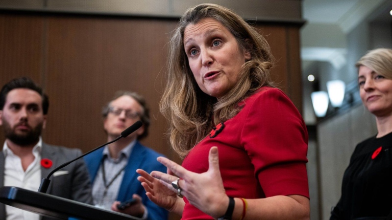 Minister of Finance and Deputy Prime Minister Chrystia Freeland speaks after meeting of the Cabinet Committee on Canada-U.S relations following election of President-elect Donald Trump. (THE CANADIAN PRESS/Spencer Colby)