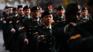 Canadian Armed Forces members arrive at a Remembrance Day ceremony at the National War Memorial in Ottawa on Monday, Nov. 11, 2024. (Sean Kilpatrick/THE CANADIAN PRESS)