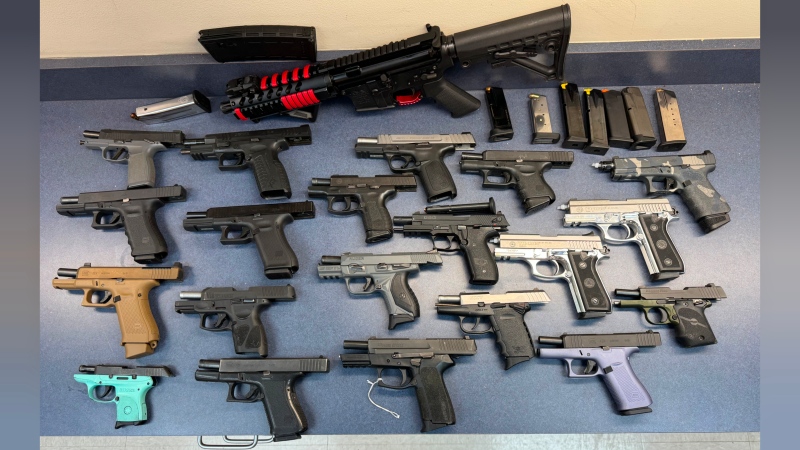 Deputies say they seized 20 semi-automatic pistols, a short-barrel rifle and ammunition from a Leamington, Ont., woman during a traffic stop on Nov. 6, 2024. (Source: Angelina County Sheriff's Office)