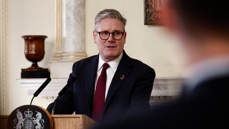 Britain's Prime Minister Keir Starmer delivers a speech as he hosts a reception for teachers and teaching assistants at 10 Downing Street, in central London, Wednesday Nov. 6, 2024. (Benjamin Cremel/AFP via AP)