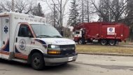 Saskatoon firefighters pulled a man from inside a Loraas truck near the university on Monday, Nov. 11, 2024. (Stacey Hein / CTV News)