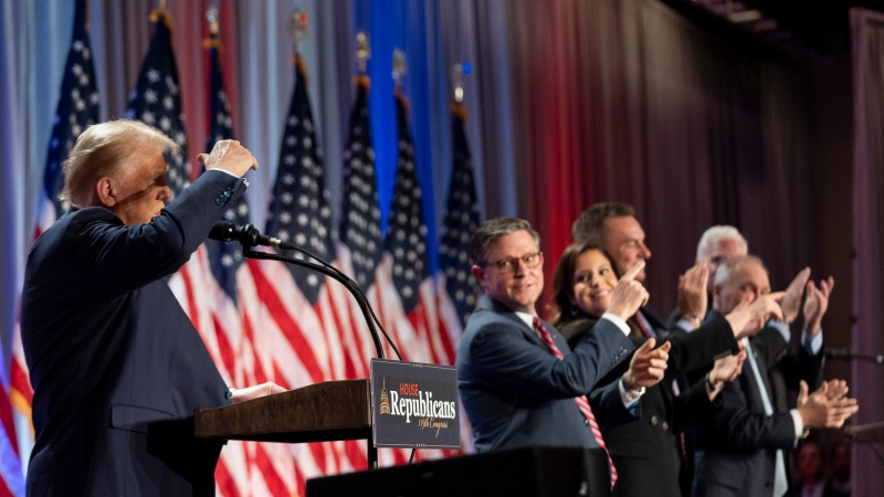 U.S. president-elect Donald Trump speaks at a meeting of the House GOP conference in Washington on Nov. 13, 2024. (Alex Brandon / AP Photo)