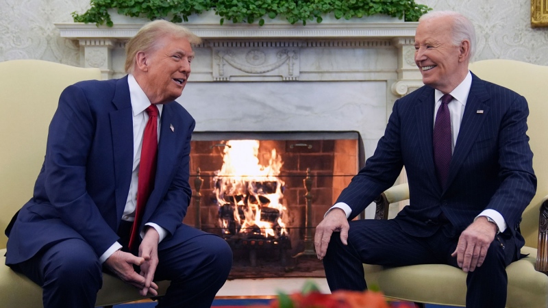 U.S. President Joe Biden meets with president-elect Donald Trump in the Oval Office of the White House, Wednesday, Nov. 13, 2024, in Washington. (AP Photo/Evan Vucci)