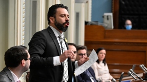 Quebec Solidaire MNA Michelle Haroun Bouazzi questions the government, at the legislature in Quebec City, Thursday, April 6, 2023. (Jacques Boissinot / The Canadian Press)