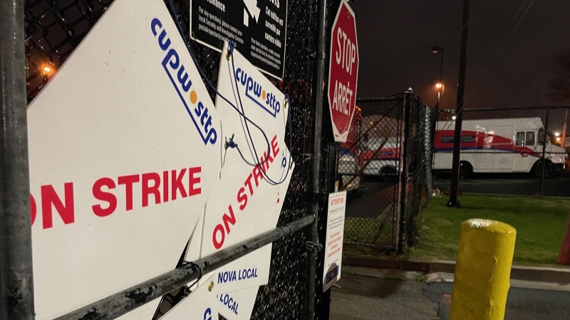 "On strike" signs are pictured outside the Canada Post sorting facility on Almon Street in Halifax on Nov. 15, 2024. (Carl Pomeroy/CTV Atlantic)