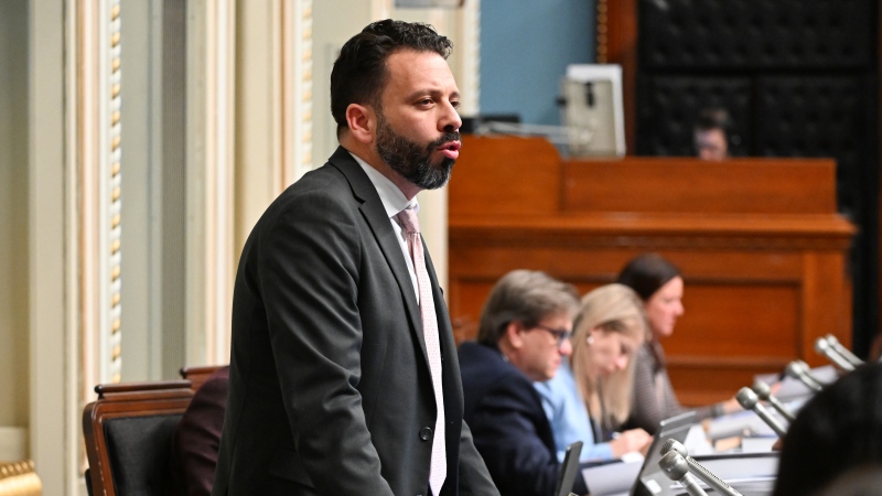 Québec solidaire's finance critic, Haroun Bouazzi, speaks after the tabling of the provincial budget at the Québec City Legislative Assembly on Tuesday, March 12, 2024. (Jacques Boissinot/La Presse canadienne)