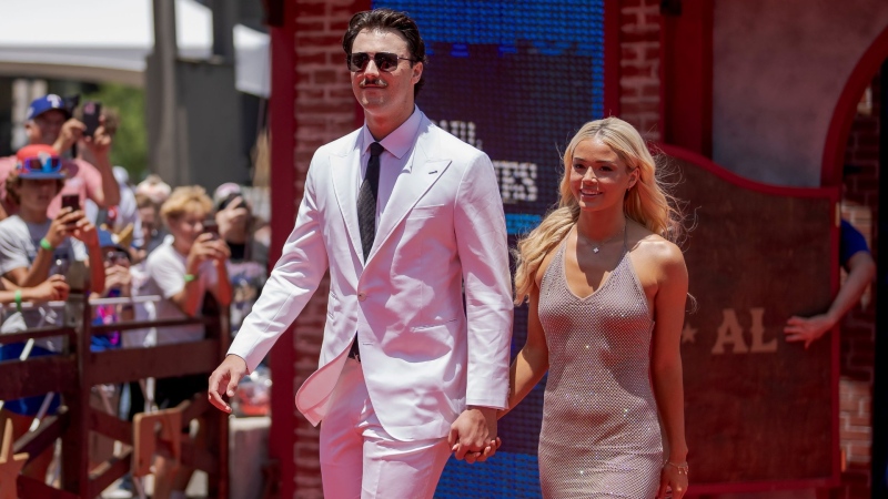 Paul Skenes and Livvy Dunne pose for a photo during the 2024 All-Star Red Carpet Show in Arlington, Texas on July 16. (Matt Dirksen/Getty Images via CNN Newsource)