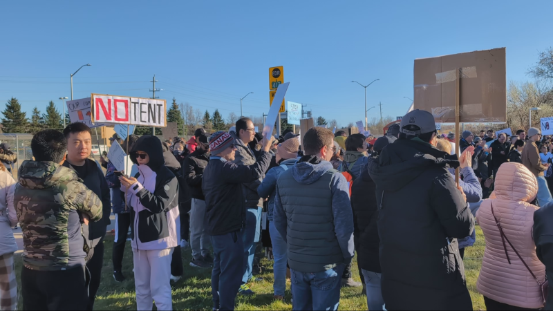 A rally in opposition of a sprung structure in Nepean on Saturday, Nov. 16, 2024. (Kimberley Johnson/CTV News Ottawa)