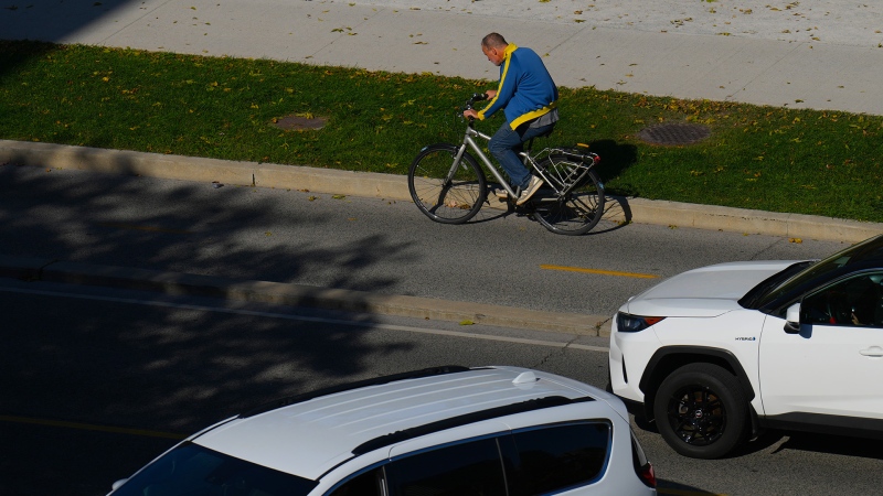 City of Toronto staff are estimating that the Ontario government's plan to remove bike lanes on three major roads will cost more than $48 million. A cyclist uses a bike lane in Toronto on Monday, Oct. 21, 2024.THE CANADIAN PRESS/Chris Young
