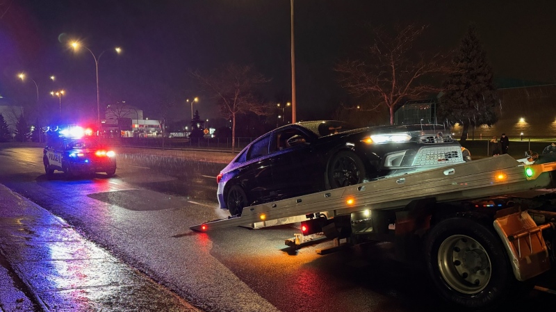 A man in his 20s is in police custody after a vehicle pursuit in Montreal. (Cosmo Santamaria/CTV News)