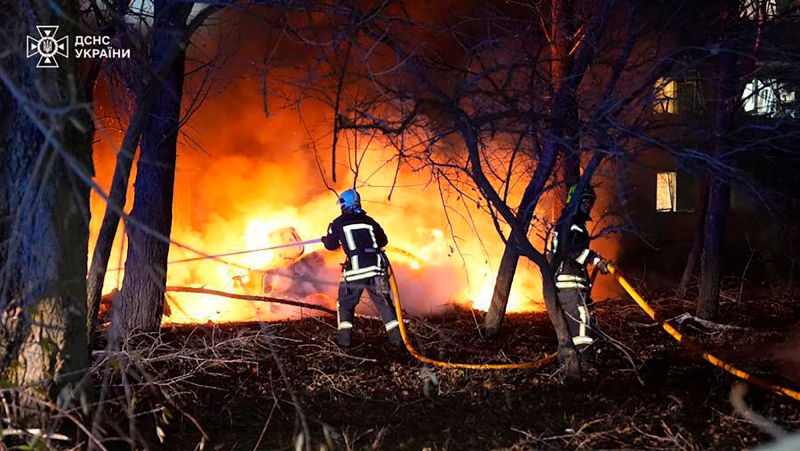 Firefighters extinguish a fire following a Russian rocket attack that hit a multi-storey apartment building in Sumy, Ukraine, Nov. 17, 2024. (Ukrainian Emergency Service via AP)