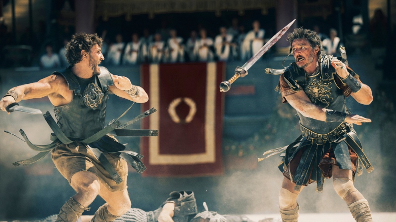 This image released by Paramount Pictures shows Paul Mescal, left, and Pedro Pascal in a scene from 'Gladiator II' (Aidan Monaghan/Paramount Pictures via AP)