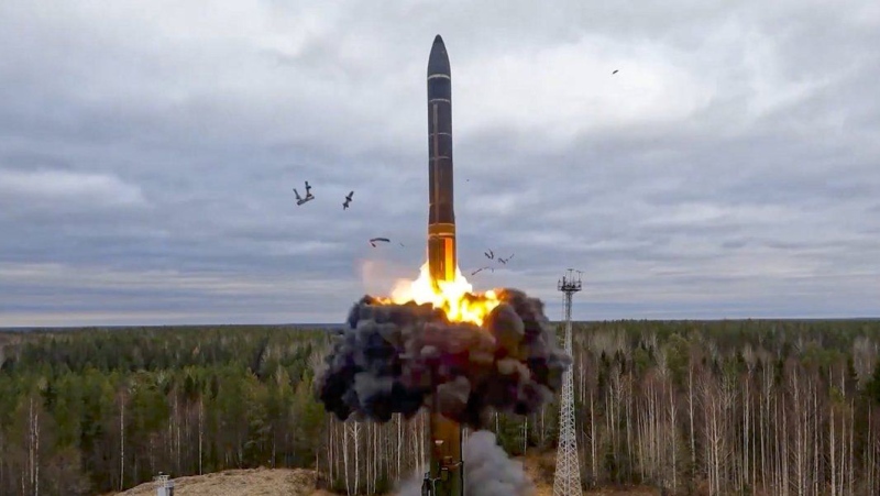 In this photo taken from video released by Russian Defense Ministry Press Service on Oct. 26, 2022, a Yars intercontinental ballistic missile is test-fired in Plesetsk, Russia. (Russian Defense Ministry Press Service via AP, File)