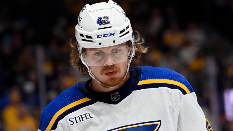 St. Louis Blues winger Kasperi Kapanen during action against against the host Nashville Predators on April 4, 2024. (Mark Zaleski/Associated Press)