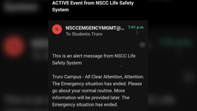 A screenshot shows the correction to the emergency alert that was sent to residents in the Truro-area. (Source: Colchester County Fire Emergency) 