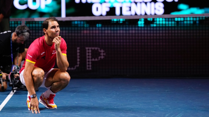 Spain's Rafael Nadal during a tribute after playing his last match as a professional tennis player in the Davis Cup quarterfinals at the Martin Carpena Sports Hall in Malaga, southern Spain, on early Wednesday, Nov. 20, 2024. (AP Photo/Manu Fernandez) 