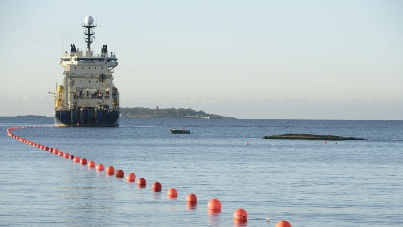 The C-Lion submarine telecommunications cable being laid to the bottom of the Baltic Sea off the shore of Helsinki, Finland, on October 12, 2015. (Heikki Saukkomaa/Lehtikuva/AFP/Getty Images via CNN Newsource)