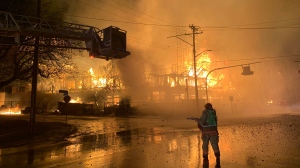 A fire at an under-construction building on Quadra Street is seen in this image posted online by the Saanich Fire Department on Wednesday, Nov. 20. 