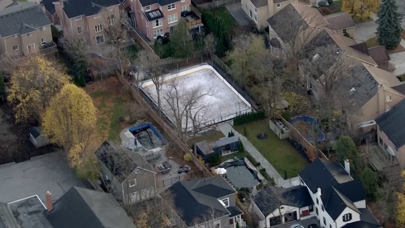 An aerial view of the backyard ice rink Martin Ross installed during the pandemic behind his Unionville, Ont. property. (CTV News Toronto)