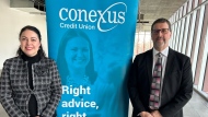 Celina Philpot, CEO of Conexus Credit Union and Board Chair Ken Kosolofski. (Wayne Mantyka/CTV News)