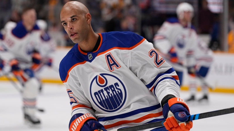 Edmonton Oilers defenceman Darnell Nurse during warmup on Oct. 17, 2024, in Nashville. (Credit: George Walker IV/Associated Press)