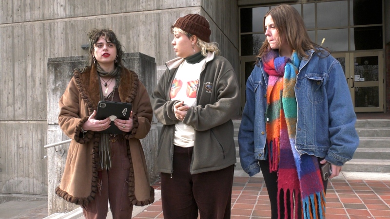 Jessica Robers, Gisele Hachey and Nora Vincent distributed flyers to those attending the Board of Governors meeting (Gerry Dewan/CTV News London)