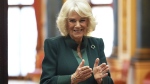 Queen Camilla applauds during a reception for winners of the Queen's Commonwealth Essay Competition, at Buckingham Palace in London, England, Thursday Nov. 21, 2024. (Aaron Chown/PA via AP)