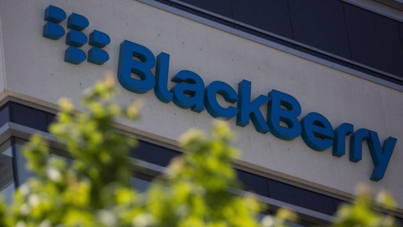 The Blackberry logo located in the front of the company's B building in Waterloo, Ont., Tuesday, May 29, 2018. (THE CANADIAN PRESS/Andrew Ryan)