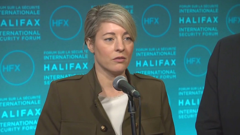 Foreign Affairs Minister Melanie Jolie speaks to reporters at the Halifax International Security Forum, Saturday, Nov. 23, 2024.