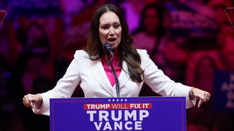 Brooke Rollins speaks at a Donald Trump campaign rally at Madison Square Garden, Sunday, Oct. 27, 2024, in New York. (AP Photo/Evan Vucci)