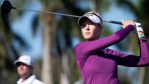 Nelly Korda tees on the ninth hole during the first round of the LPGA CME Group Tour Championship golf tournament Thursday, Nov. 21, 2024, in Naples, Fla. (AP Photo/Chris Tilley)