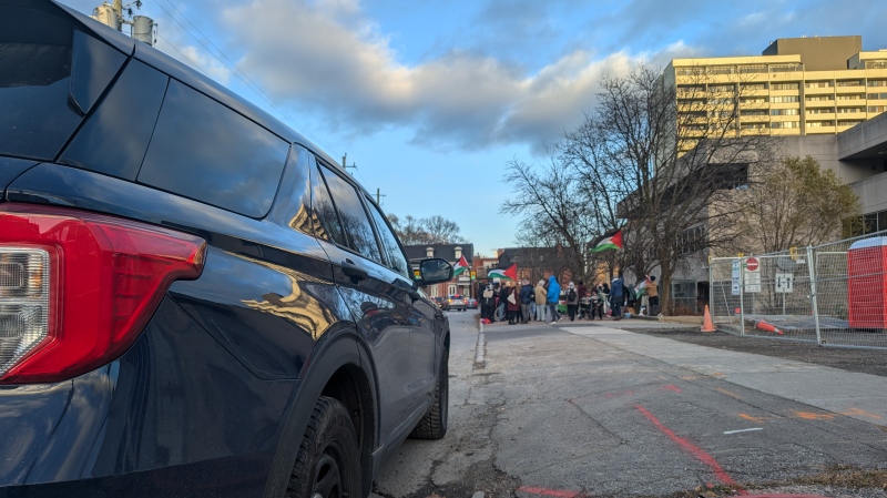 Pro-Palestinian demonstrators in front of the Ottawa Police Service headquarters on Nov. 24, 2024. (Madison de Varennes/CTV News Ottawa)