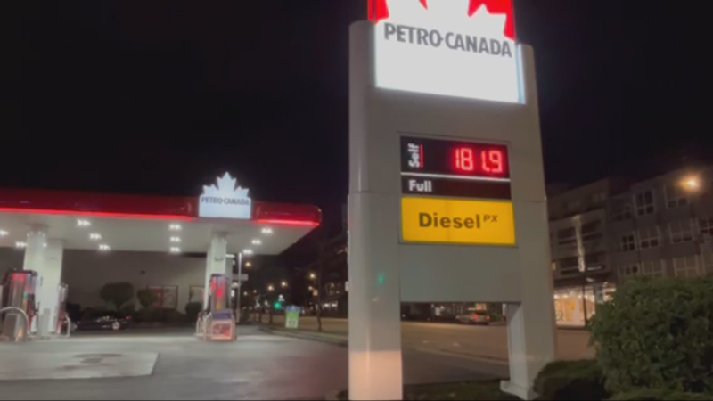 Overnight gas prices are seen at 181.9 cents a litre in Vancouver, B.C., on Nov. 25, 2024. 