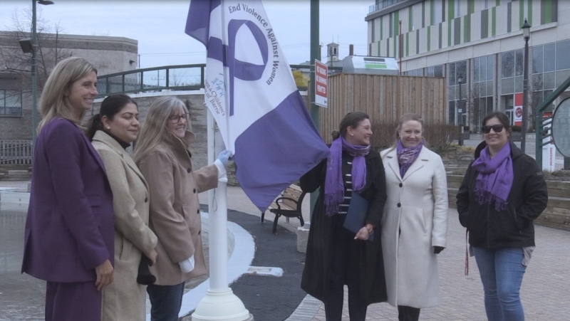 Theresa MacLennan, Women and Children Shelter of Barrie executive director, stands with community members holding a flag at City Hall in Barrie, Ont., on Mon., Nov. 25, 2024. (CTV News/Alessandra Carneiro)