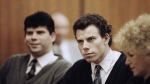 FILE - Lyle, left, and Erik Menendez sit with defense attorney Leslie Abramson, right, in the Municipal Court in the Beverly Hills area of Los Angeles, during a hearing, Nov. 26, 1990. (AP Photo/Nick Ut, File)
