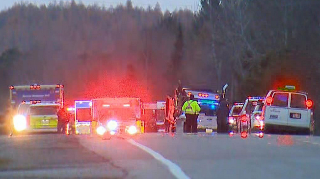 Emergency crews attend the scene of a multi-vehicle collision in Newmarket, Ont., on Mon., Nov. 25, 2024. 